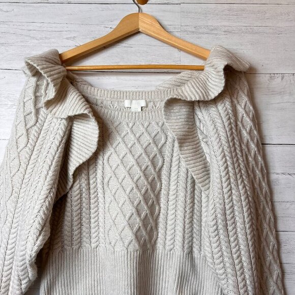 H&M Sweater Womens Size Medium Oatmeal Flounced Cable Knit Ruffle Crop Fall Wear - Picture 10 of 16